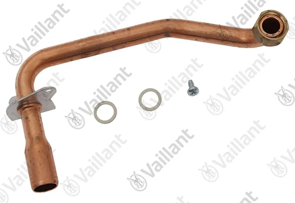Vaillant Rohr, mit gebogenem Kupferdesign und Anschluss. Enthaltene Teile: Dichtungselemente und Schraube. Eignet sich für den Gasanschluss.